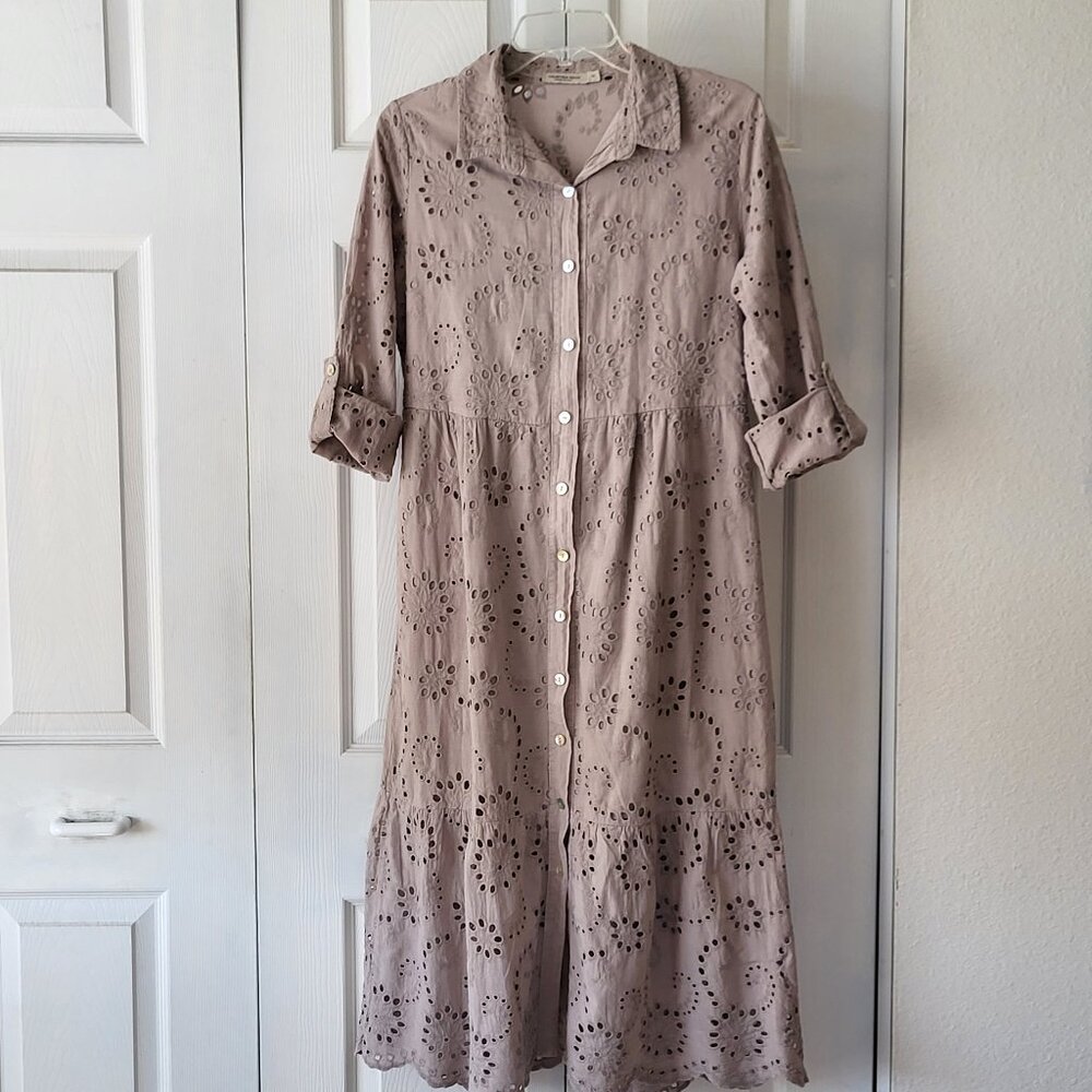 Maxi Dress Taupe Eyelet Embroidery Small